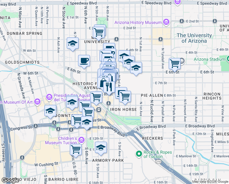map of restaurants, bars, coffee shops, grocery stores, and more near 502 North 7th Avenue in Tucson