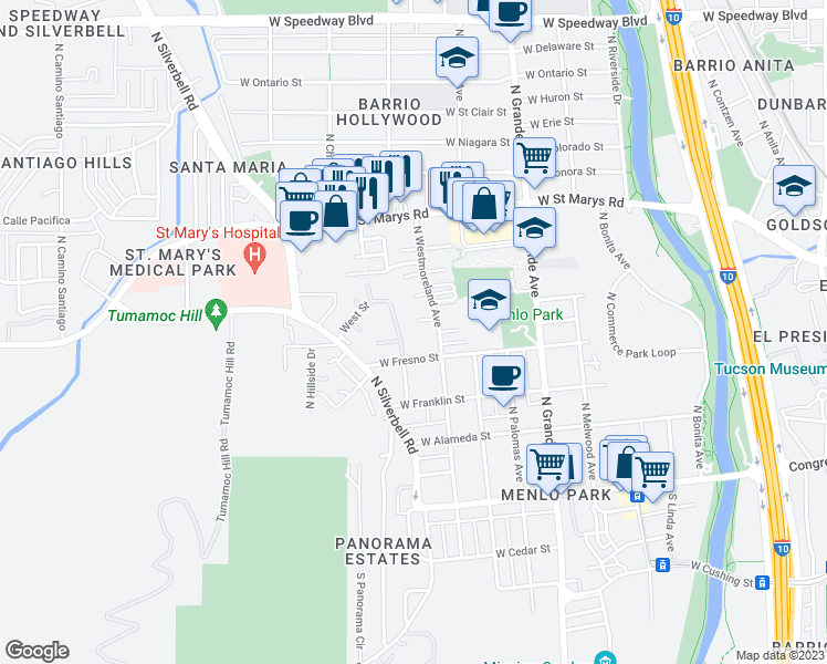 map of restaurants, bars, coffee shops, grocery stores, and more near 1338 West Emery Street in Tucson