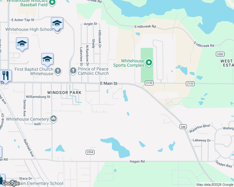 map of restaurants, bars, coffee shops, grocery stores, and more near 1314 East Main Street in Whitehouse