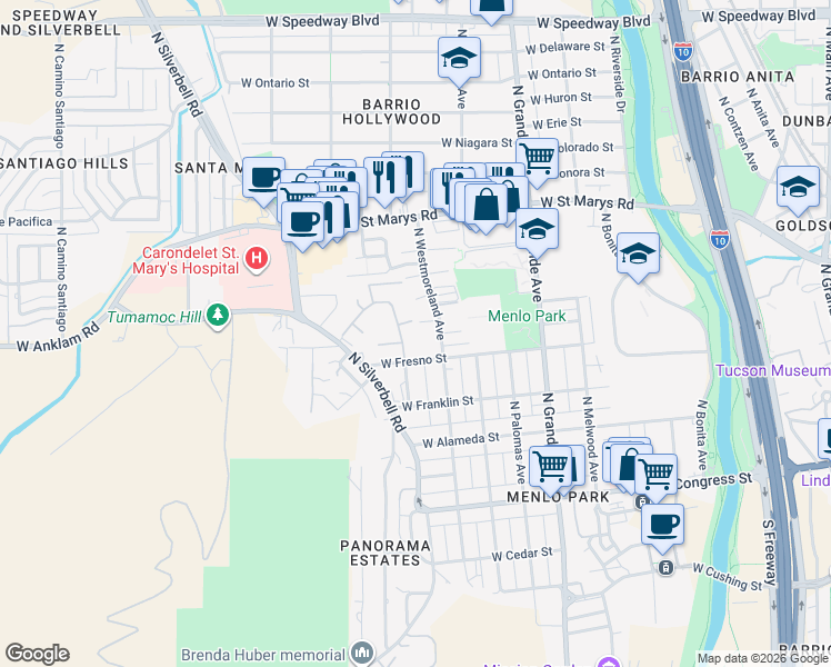 map of restaurants, bars, coffee shops, grocery stores, and more near 1338 West Emery Street in Tucson