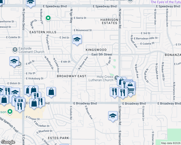 map of restaurants, bars, coffee shops, grocery stores, and more near 9260 East 6th Street in Tucson