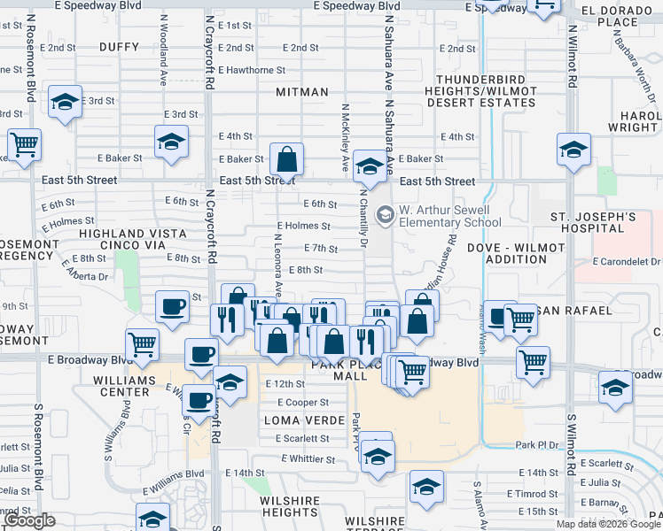 map of restaurants, bars, coffee shops, grocery stores, and more near 5726 East 7th Street in Tucson