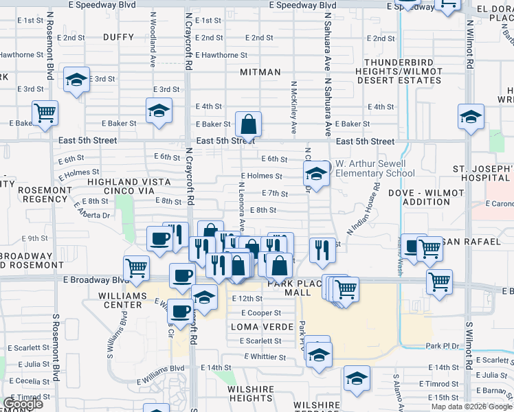 map of restaurants, bars, coffee shops, grocery stores, and more near 5649 East 8th Street in Tucson