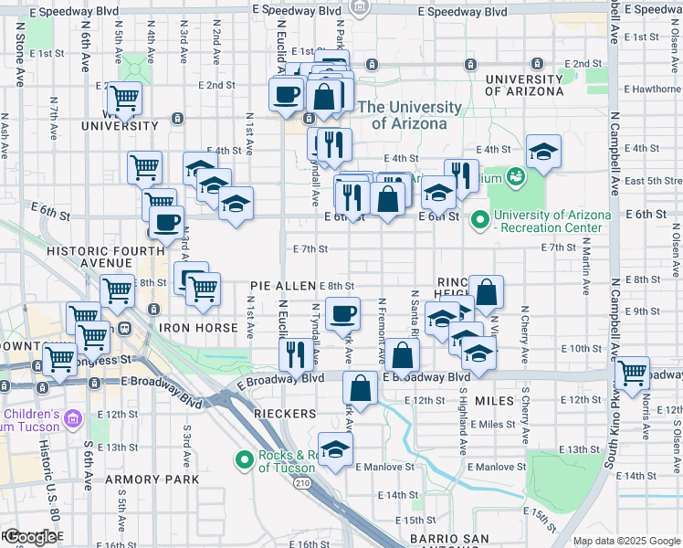 map of restaurants, bars, coffee shops, grocery stores, and more near 335 North Park Avenue in Tucson