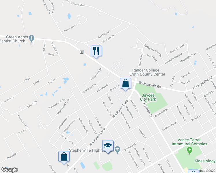 map of restaurants, bars, coffee shops, grocery stores, and more near 220 Rosebud Drive in Stephenville