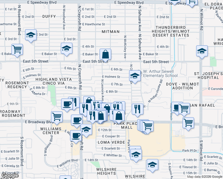 map of restaurants, bars, coffee shops, grocery stores, and more near 5702 East 7th Street in Tucson