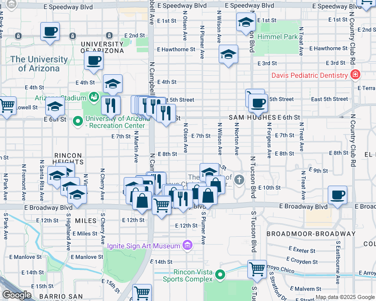 map of restaurants, bars, coffee shops, grocery stores, and more near 331 North Olsen Avenue in Tucson
