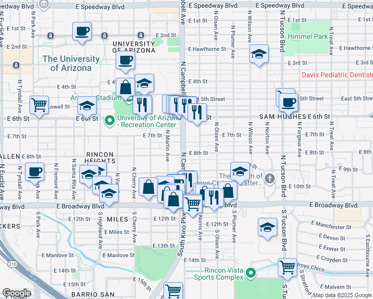 map of restaurants, bars, coffee shops, grocery stores, and more near 329 North Norris Avenue in Tucson