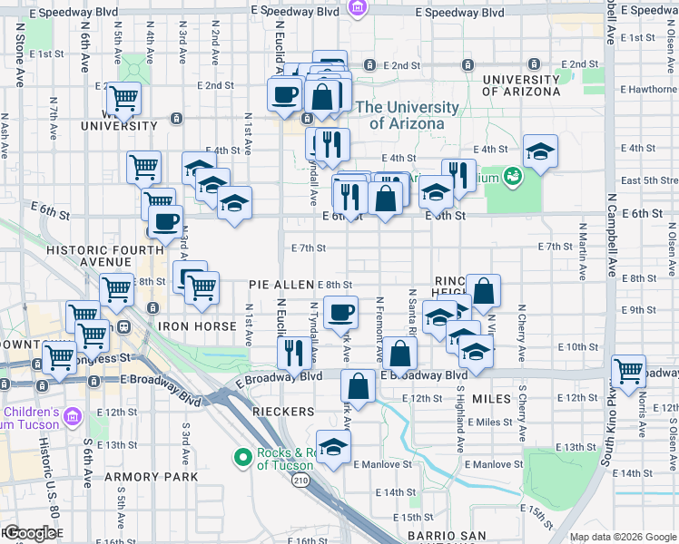 map of restaurants, bars, coffee shops, grocery stores, and more near 335 North Park Avenue in Tucson