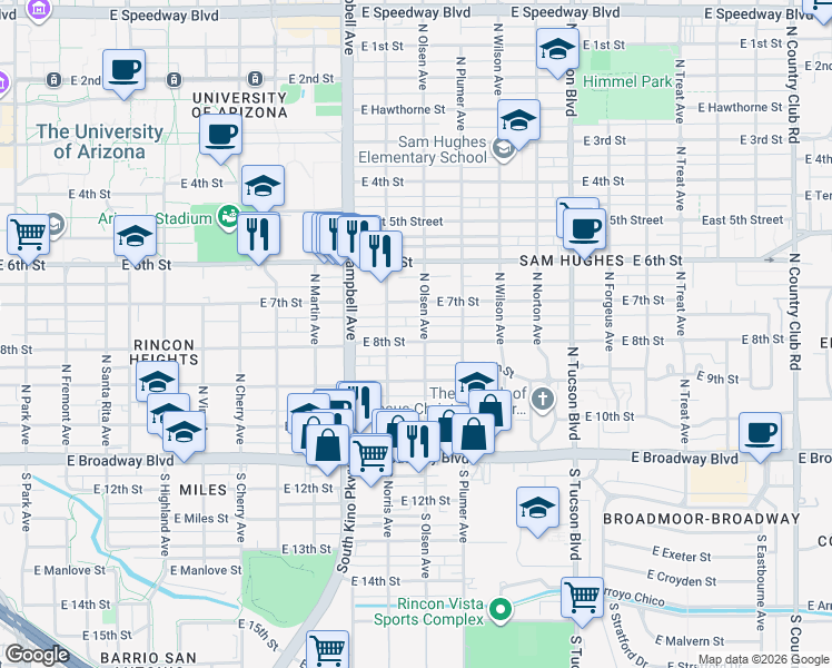 map of restaurants, bars, coffee shops, grocery stores, and more near 331 North Olsen Avenue in Tucson