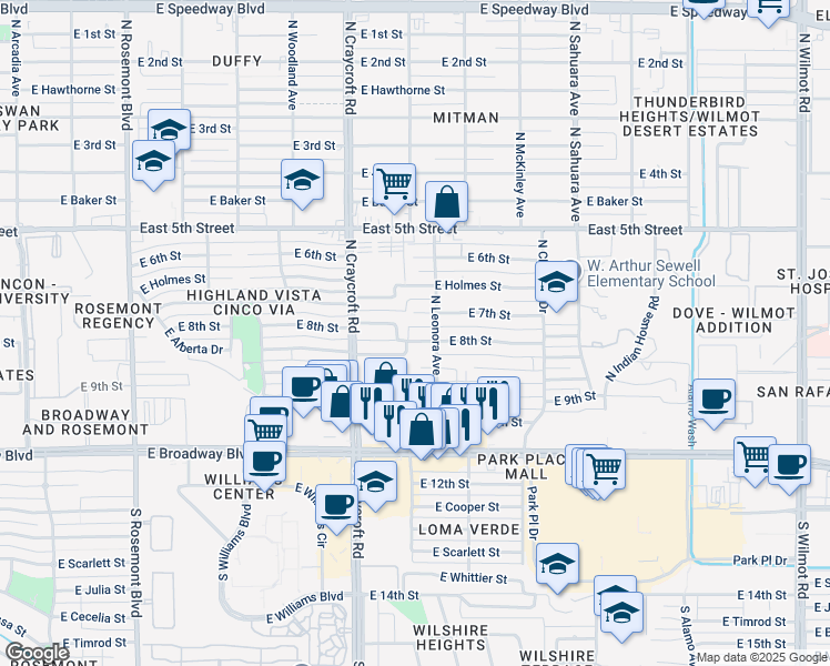 map of restaurants, bars, coffee shops, grocery stores, and more near 5626 East 7th Street in Tucson