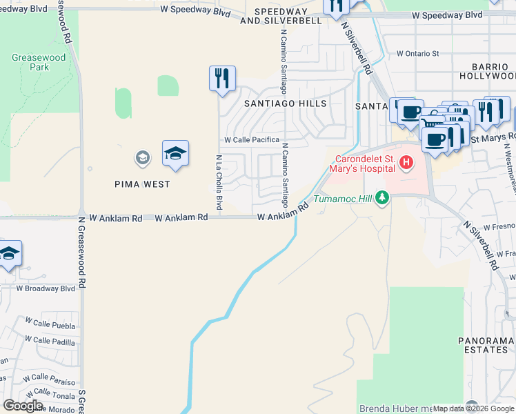 map of restaurants, bars, coffee shops, grocery stores, and more near 1943 West Calle Del Ocio in Tucson
