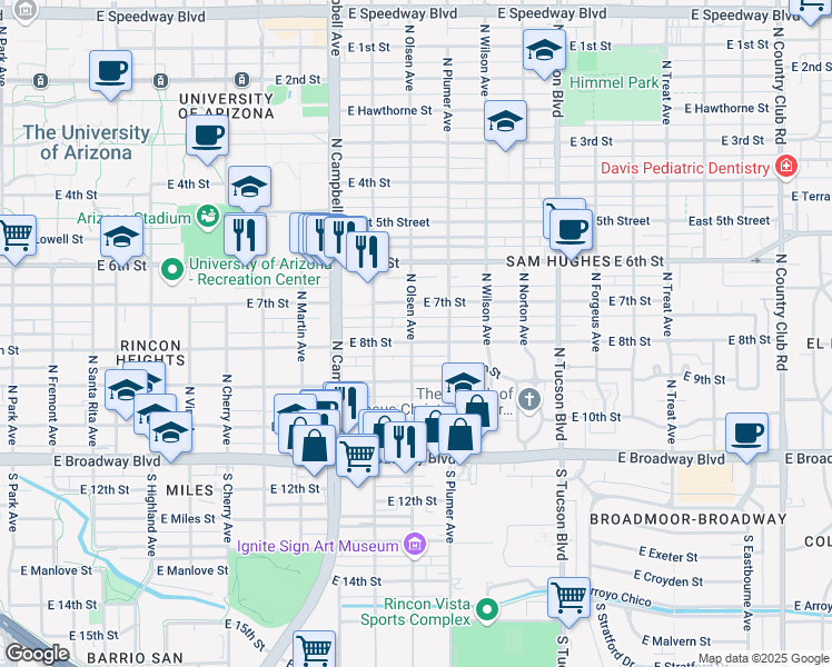 map of restaurants, bars, coffee shops, grocery stores, and more near 331 North Olsen Avenue in Tucson