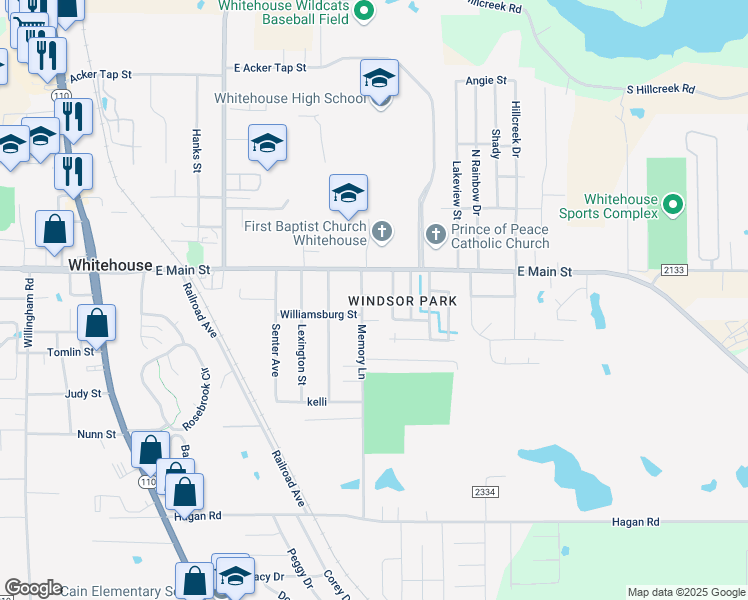 map of restaurants, bars, coffee shops, grocery stores, and more near 203 Memory Lane in Whitehouse