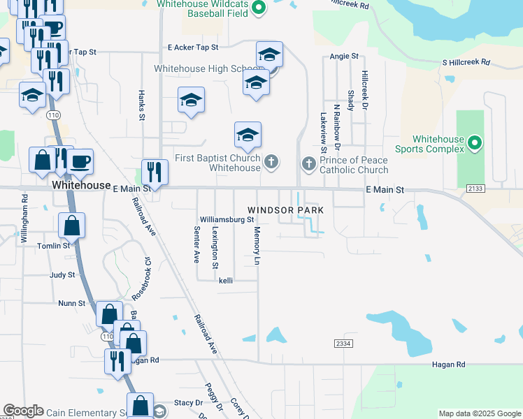 map of restaurants, bars, coffee shops, grocery stores, and more near 800 East Main Street in Whitehouse