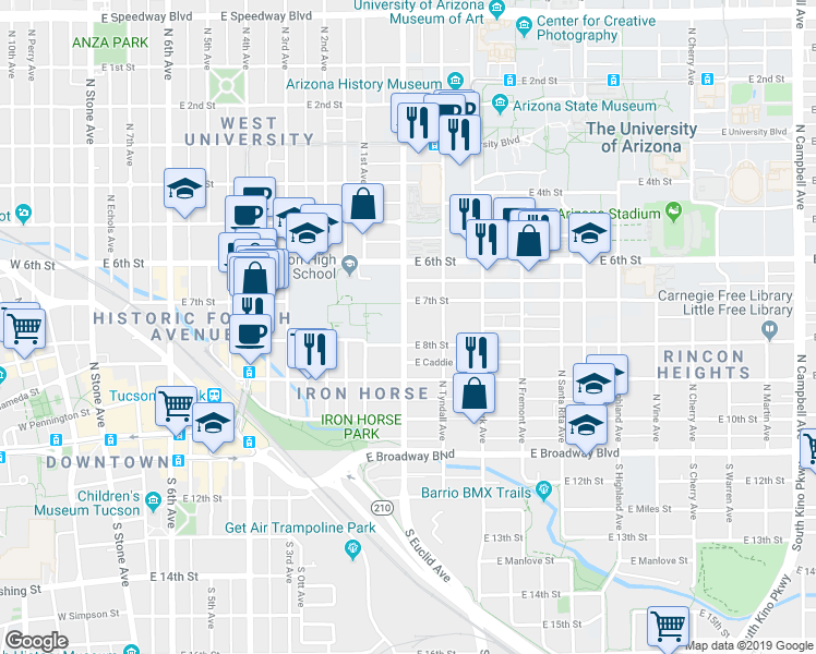 map of restaurants, bars, coffee shops, grocery stores, and more near 320 North Euclid Avenue in Tucson