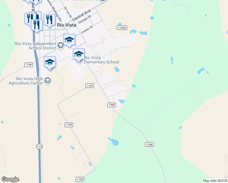 map of restaurants, bars, coffee shops, grocery stores, and more near 843 County Road 1206 in Rio Vista