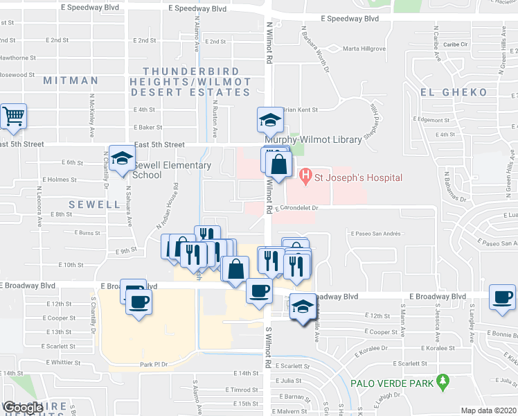 map of restaurants, bars, coffee shops, grocery stores, and more near 355 North Wilmot Road in Tucson