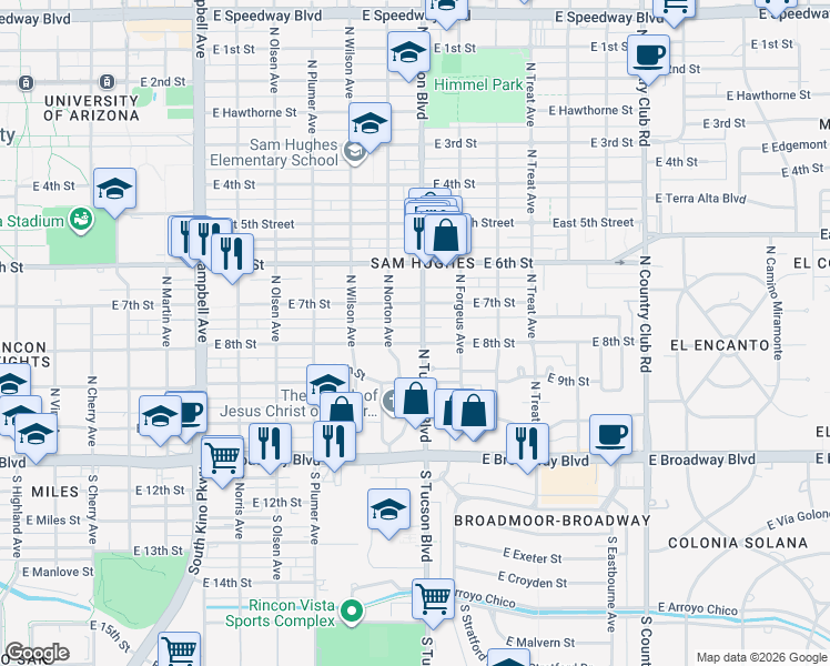 map of restaurants, bars, coffee shops, grocery stores, and more near 333 North Tucson Boulevard in Tucson