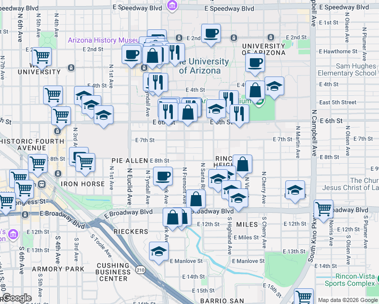map of restaurants, bars, coffee shops, grocery stores, and more near 1052 East 7th Street in Tucson