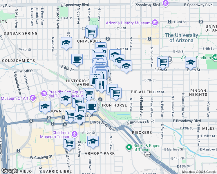 map of restaurants, bars, coffee shops, grocery stores, and more near 502 North 7th Avenue in Tucson