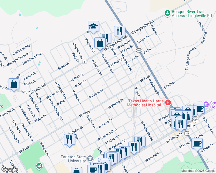 map of restaurants, bars, coffee shops, grocery stores, and more near 1100 North McCart Street in Stephenville
