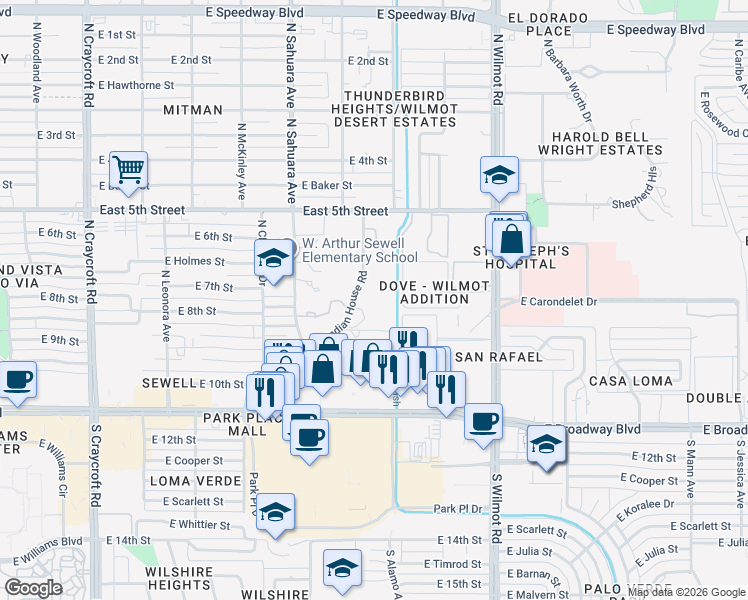 map of restaurants, bars, coffee shops, grocery stores, and more near 350 North Indian House Road in Tucson