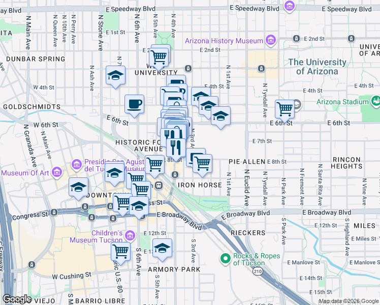 map of restaurants, bars, coffee shops, grocery stores, and more near 502 North 7th Avenue in Tucson