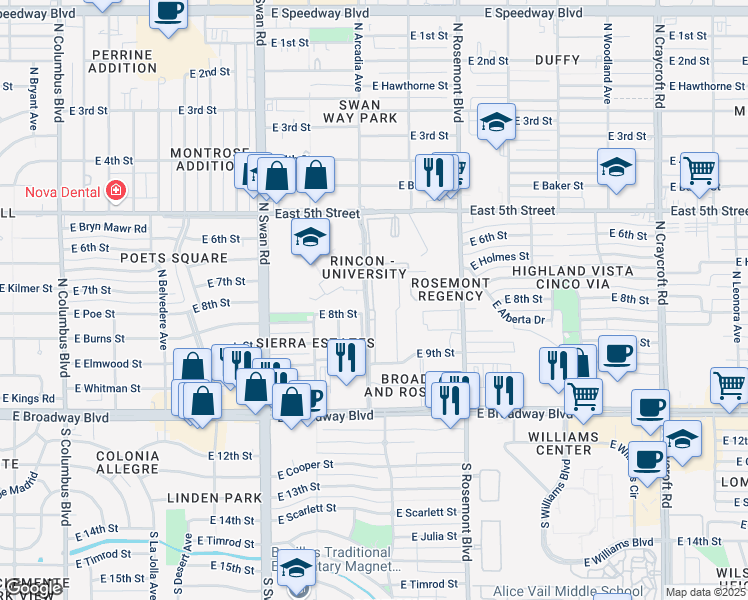 map of restaurants, bars, coffee shops, grocery stores, and more near 2 North Arcadia Avenue in Tucson