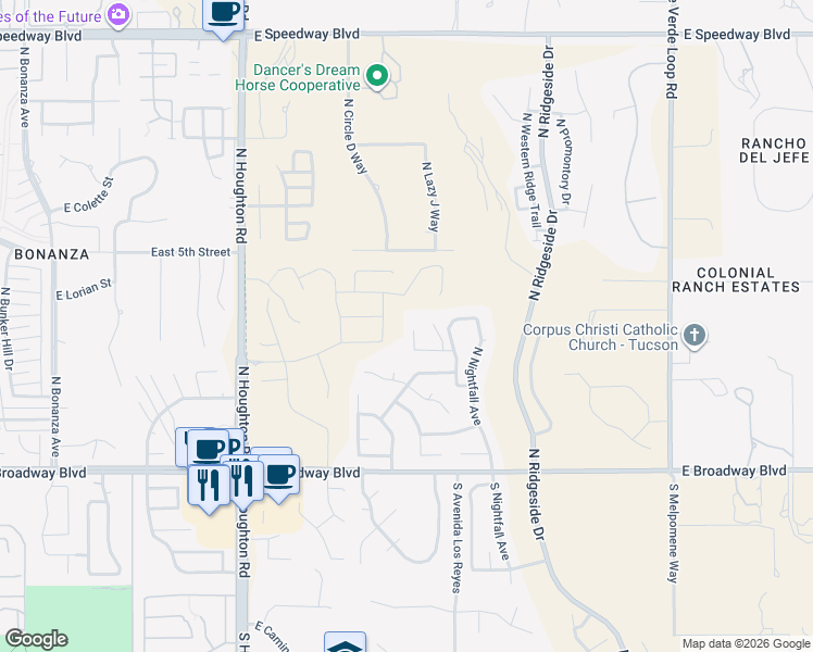 map of restaurants, bars, coffee shops, grocery stores, and more near 415 North Doeskin Place in Tucson