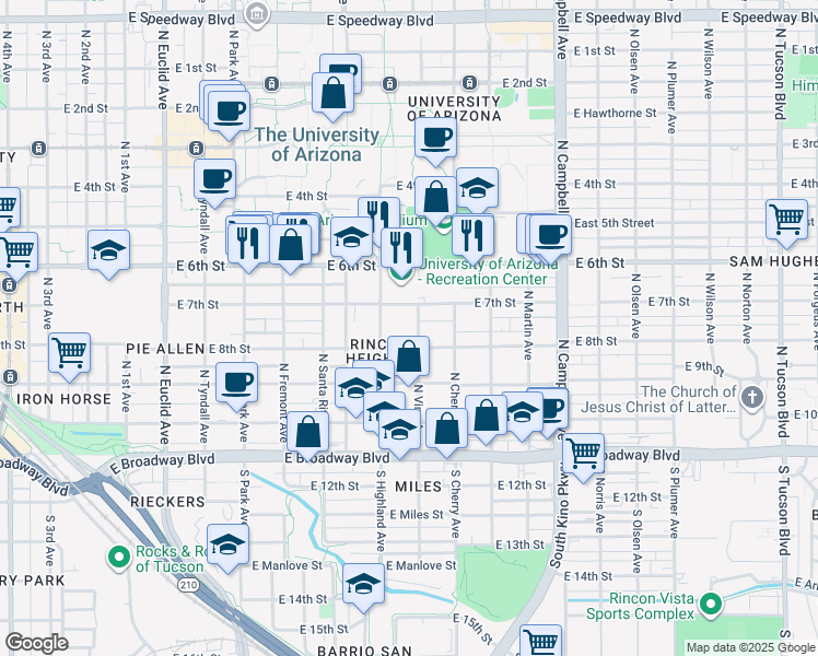 map of restaurants, bars, coffee shops, grocery stores, and more near 336 North Highland Avenue in Tucson