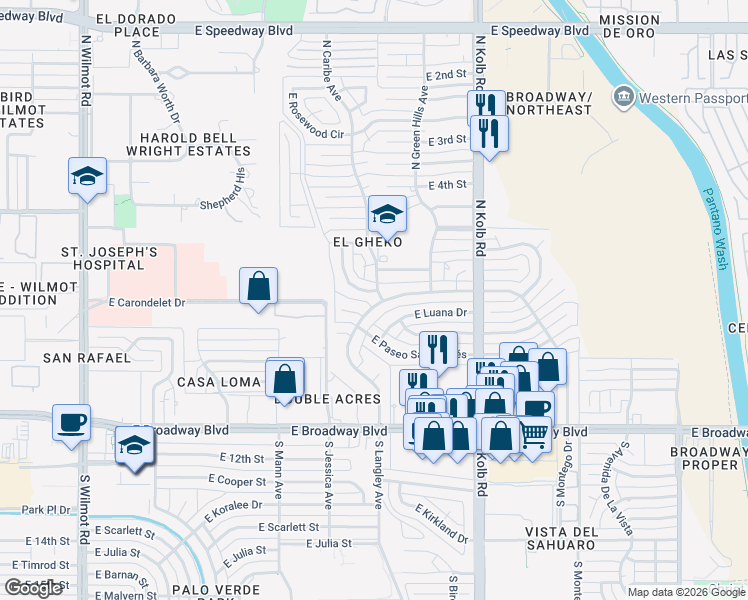 map of restaurants, bars, coffee shops, grocery stores, and more near 402 North Bahamas Drive in Tucson