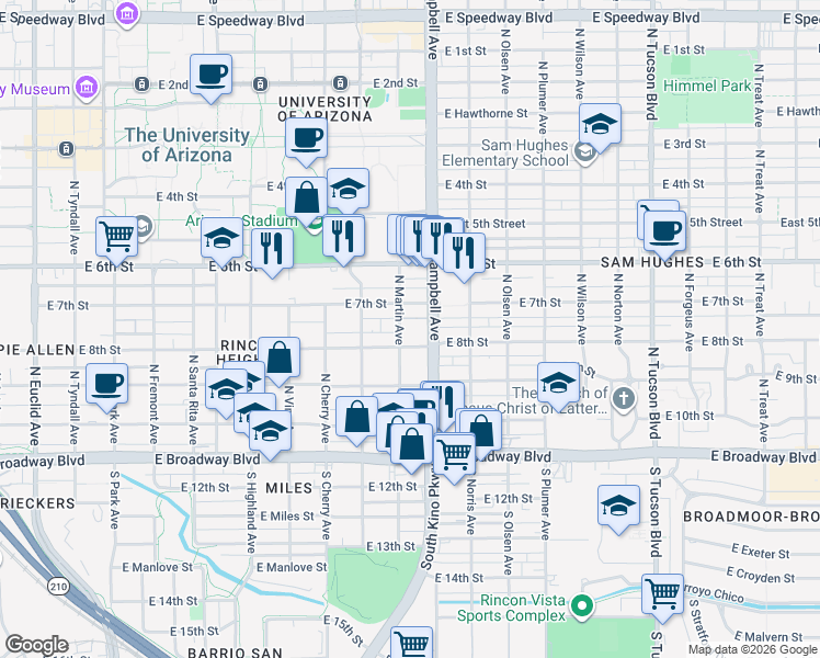 map of restaurants, bars, coffee shops, grocery stores, and more near 328 North Martin Avenue in Tucson