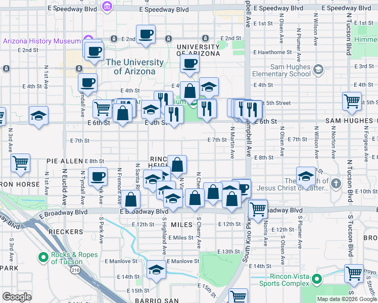 map of restaurants, bars, coffee shops, grocery stores, and more near 336 North Vine Avenue in Tucson