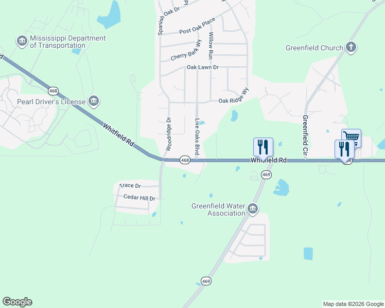 map of restaurants, bars, coffee shops, grocery stores, and more near 107 Live Oaks Boulevard in Pearl