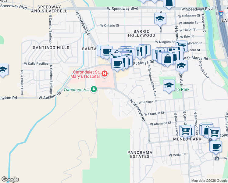 map of restaurants, bars, coffee shops, grocery stores, and more near 1575 West Anklam Road in Tucson
