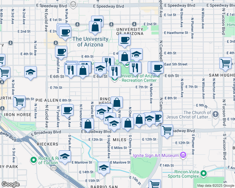 map of restaurants, bars, coffee shops, grocery stores, and more near 336 North Highland Avenue in Tucson