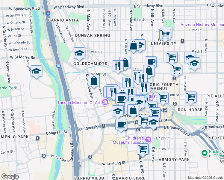 map of restaurants, bars, coffee shops, grocery stores, and more near 311 North Court Avenue in Tucson