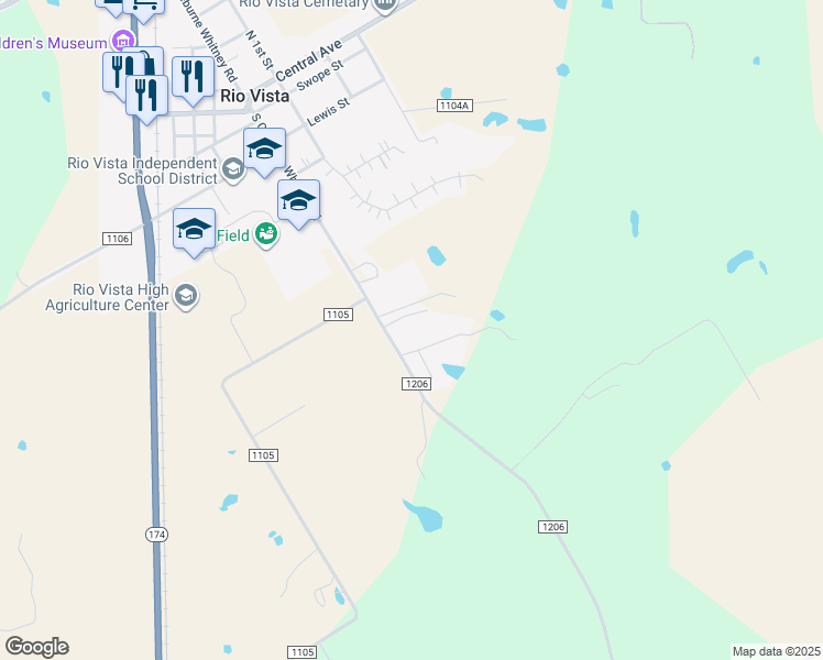 map of restaurants, bars, coffee shops, grocery stores, and more near 843 County Road 1206 in Rio Vista