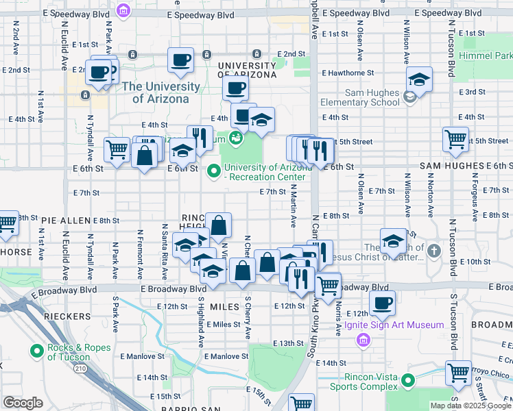 map of restaurants, bars, coffee shops, grocery stores, and more near 314 North Cherry Avenue in Tucson