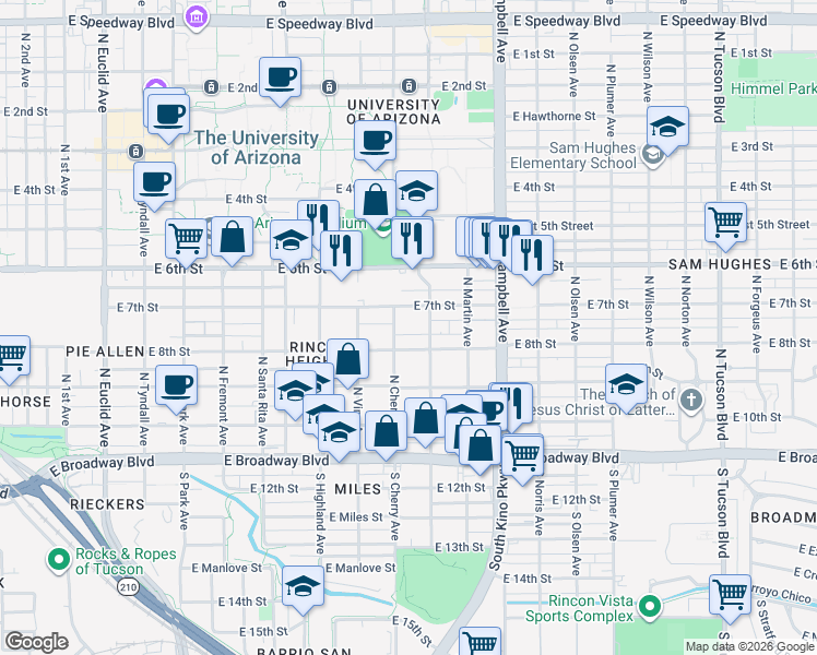 map of restaurants, bars, coffee shops, grocery stores, and more near 310 North Cherry Avenue in Tucson