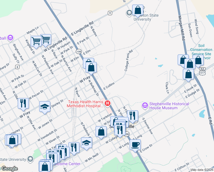 map of restaurants, bars, coffee shops, grocery stores, and more near 711 North Miller Street in Stephenville