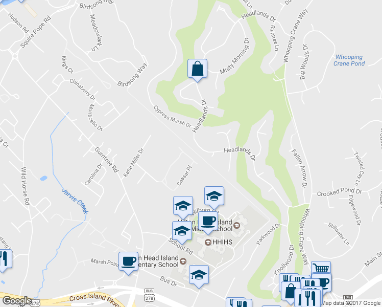map of restaurants, bars, coffee shops, grocery stores, and more near 218 Ceasar Place in Hilton Head Island