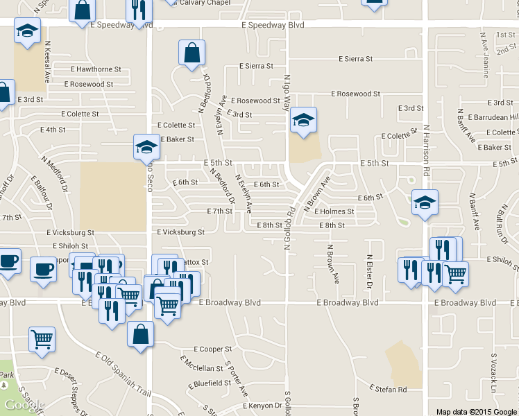 map of restaurants, bars, coffee shops, grocery stores, and more near 9003 East 7th Street in Tucson