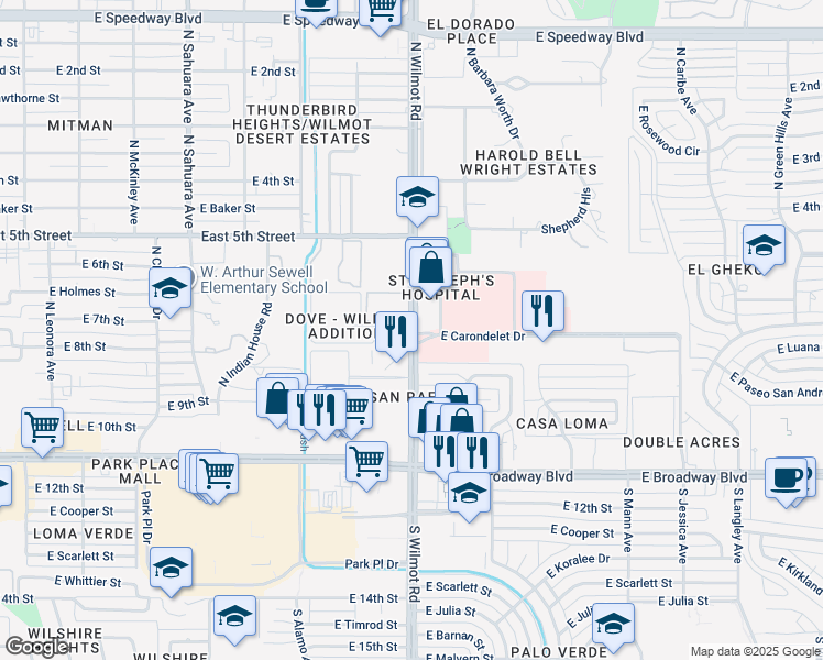 map of restaurants, bars, coffee shops, grocery stores, and more near 412 North Wilmot Road in Tucson