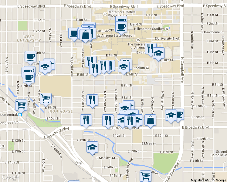 map of restaurants, bars, coffee shops, grocery stores, and more near 1146 East 7th Street in Tucson