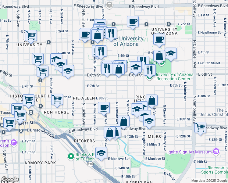 map of restaurants, bars, coffee shops, grocery stores, and more near 1052 East 7th Street in Tucson