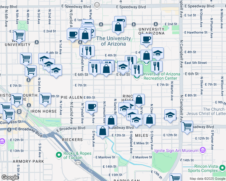map of restaurants, bars, coffee shops, grocery stores, and more near 1146 East 7th Street in Tucson