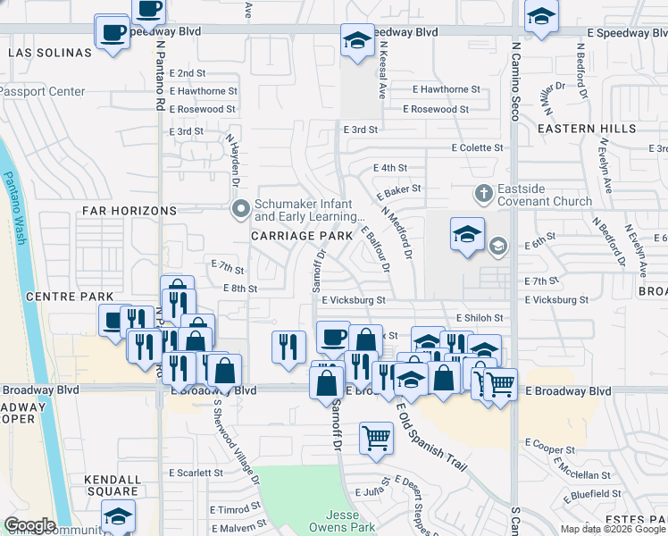 map of restaurants, bars, coffee shops, grocery stores, and more near 405 North Entrada Dentro Street in Tucson