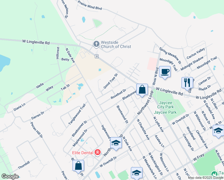 map of restaurants, bars, coffee shops, grocery stores, and more near 108 Spicewood Street in Stephenville
